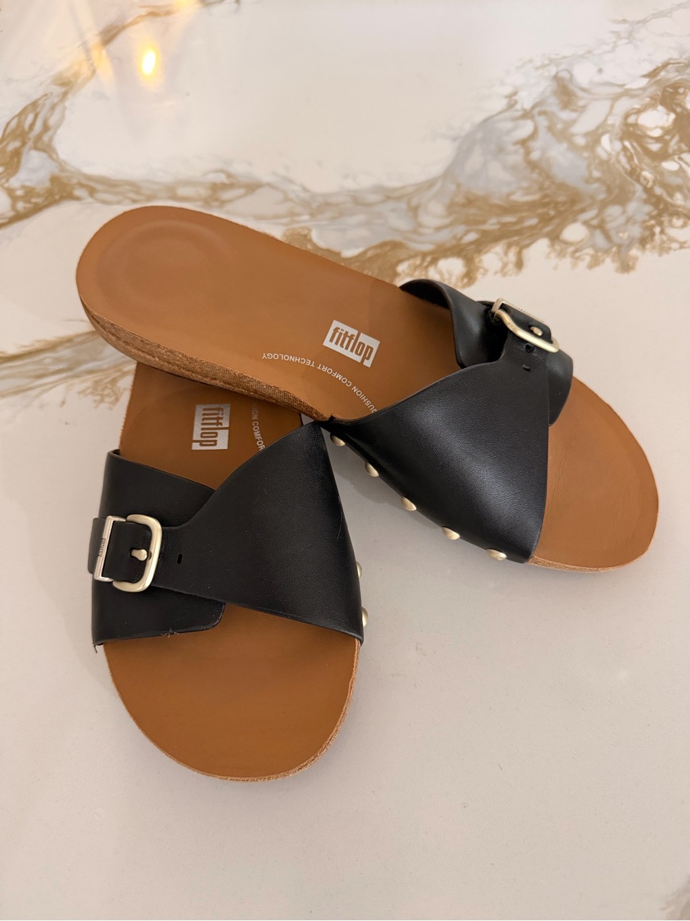Fitflop IQUSHION Adjustable Buckle Leather Sliders Black 9